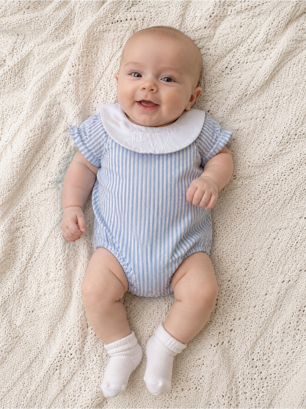 LTC White Baby Romper with Blue Striped Trim and Embroidered HWW